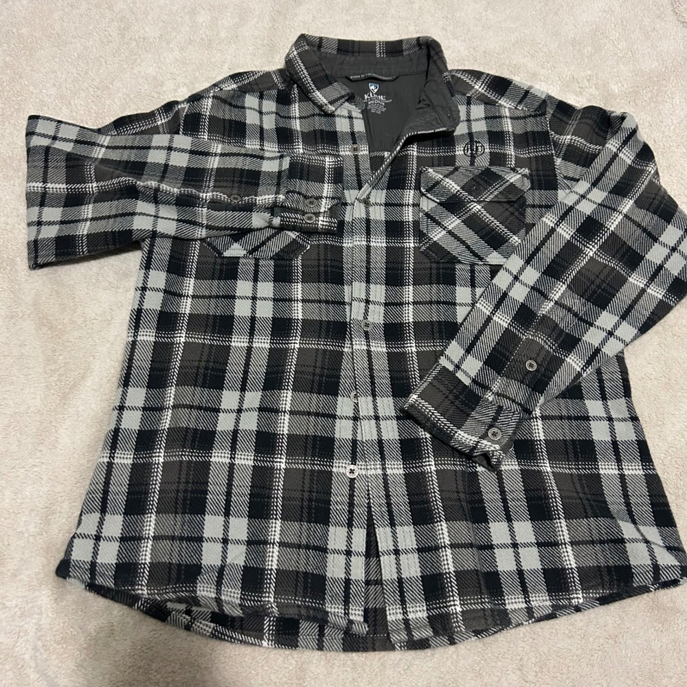 Kuhl Flannel Shirt Mens Medium Grey Black Plaid Long Sleeve Button Down Hiking